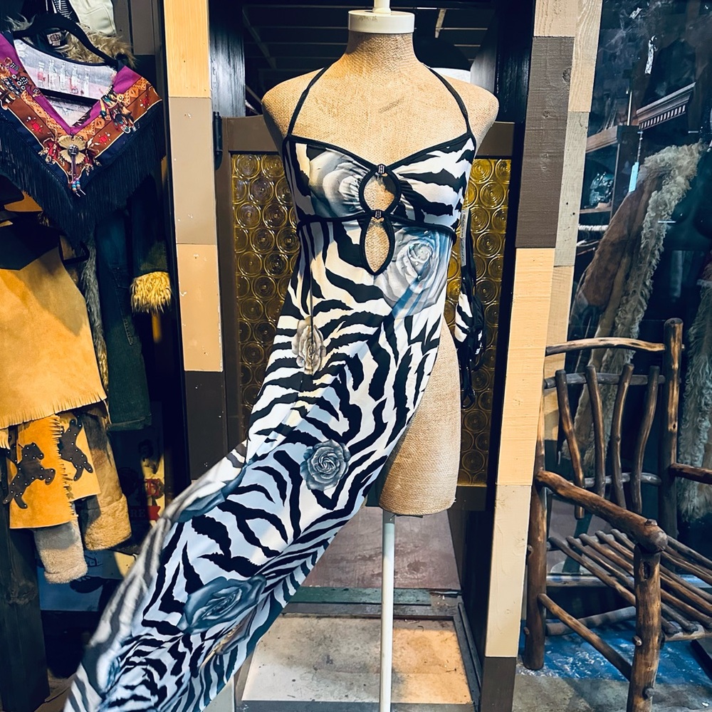 Sharron Leslie NEW Zebra Print Two Panel Slit Flowy Festival Dress - Two Piece